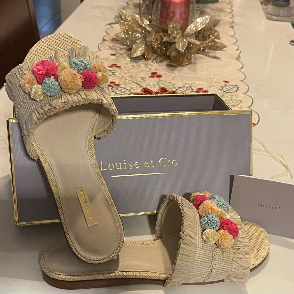 With Original Box Louise et Cie Beige Raffia Sandals with Colorful Pom Poms